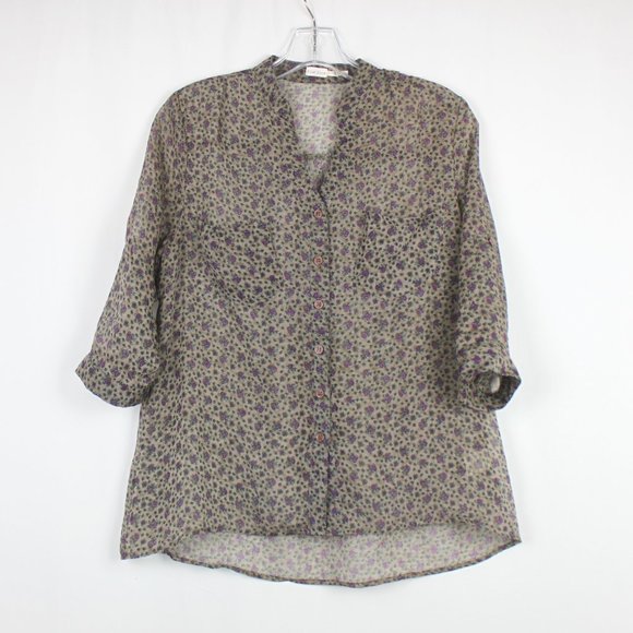 Blue Bird Sheer Button Up Half Sleeve Purple Flower Blouse Shirt Top - Picture 1 of 8